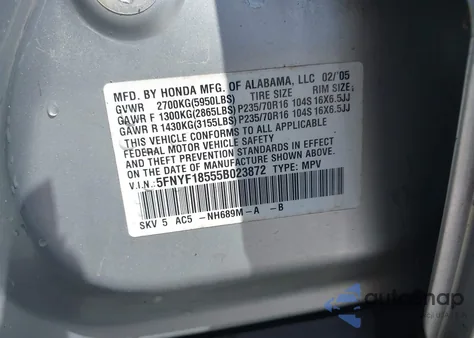 2005 Honda Pilot Ex-L z USA, uszkodzony, nr VIN 5FNYF18555B023872
